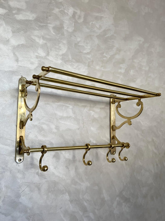 Unlacquered Brass Organizer Bathroom Shelf with Hooks