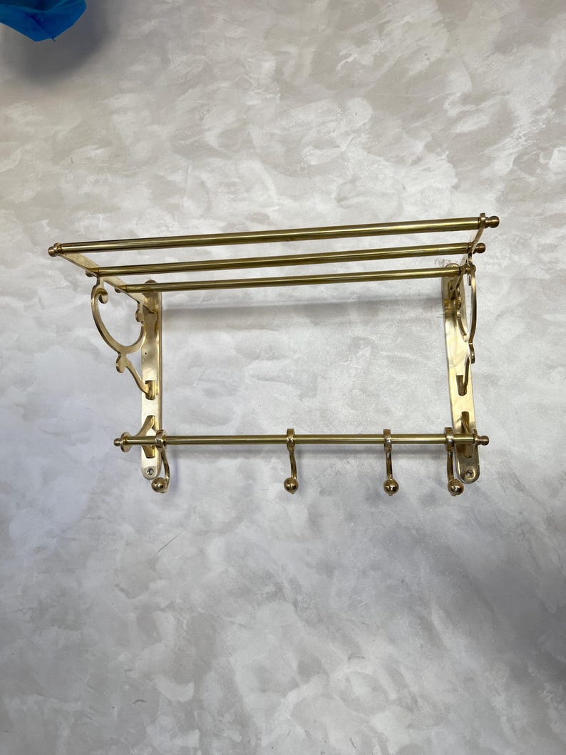 Unlacquered Brass Organizer Bathroom Shelf with Hooks