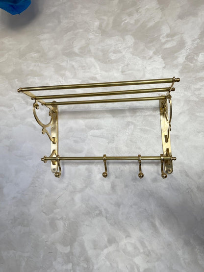 Unlacquered Brass Organizer Bathroom Shelf with Hooks