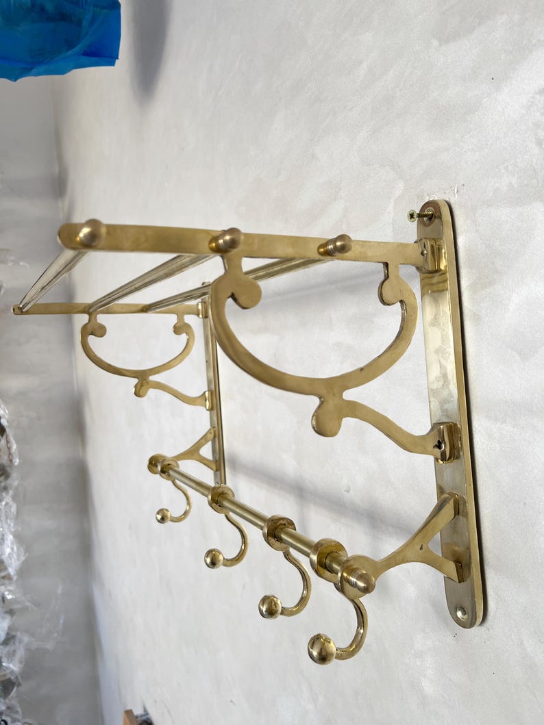 Unlacquered Brass Organizer Bathroom Shelf with Hooks