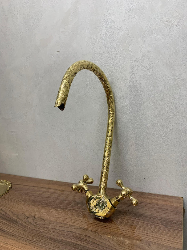 Hand-Engraved Unlacquered Brass Swan-Neck Faucet