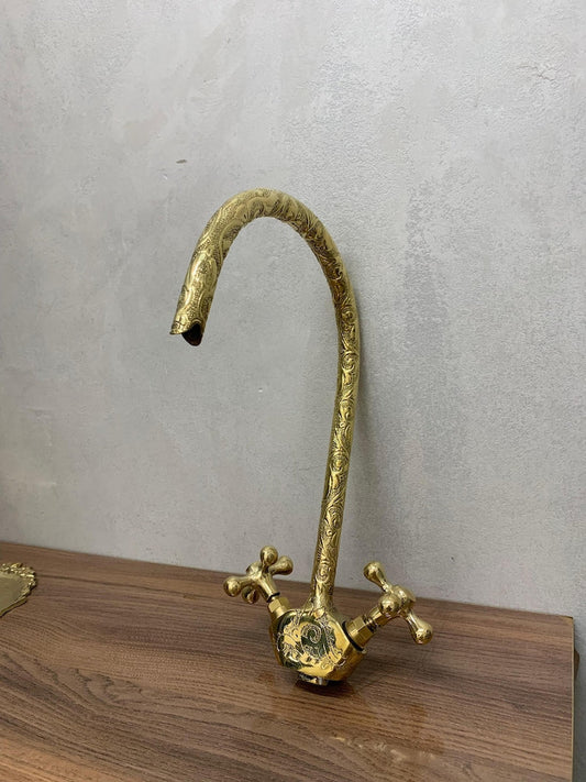 Hand-Engraved Unlacquered Brass Swan-Neck Faucet