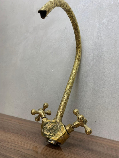 Hand-Engraved Unlacquered Brass Swan-Neck Faucet