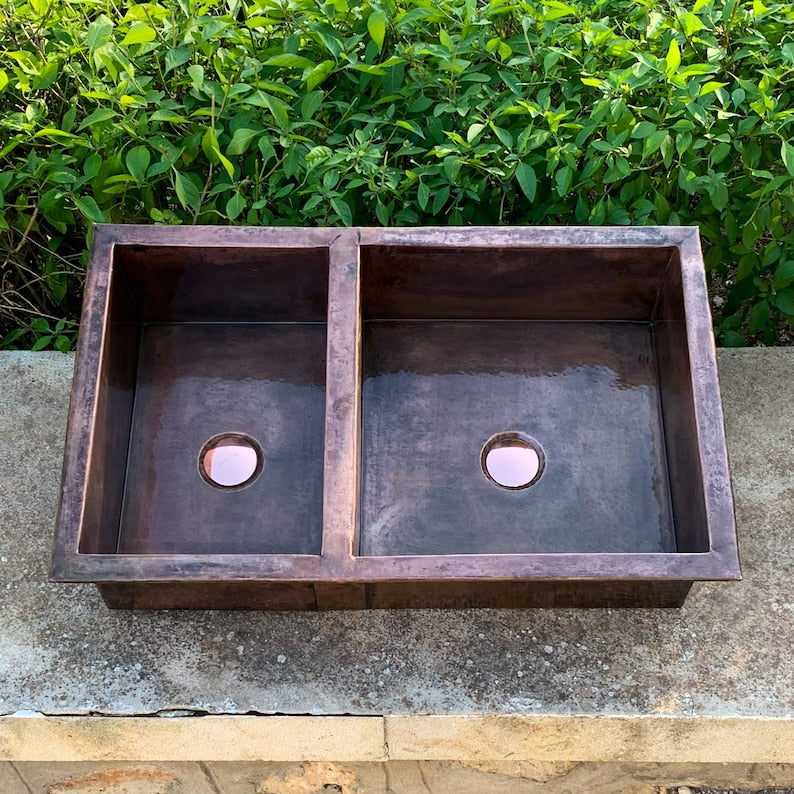 Double-Bowl Dark Antique Copper Farmhouse Sink
