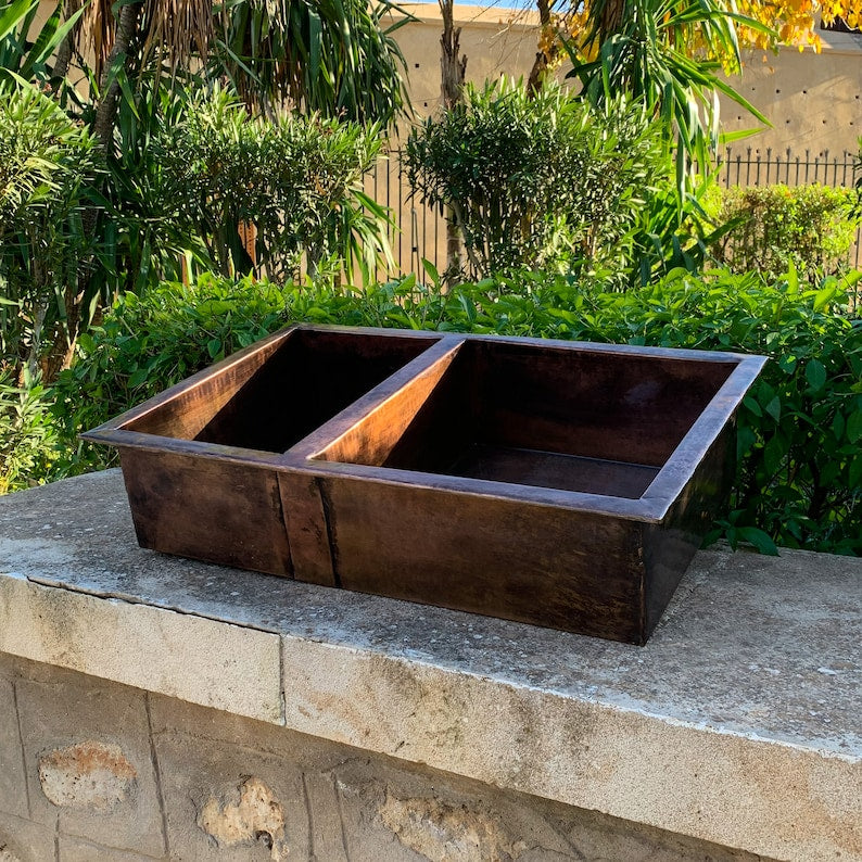 Double-Bowl Dark Antique Copper Farmhouse Sink