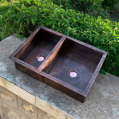Double-Bowl Dark Antique Copper Farmhouse Sink