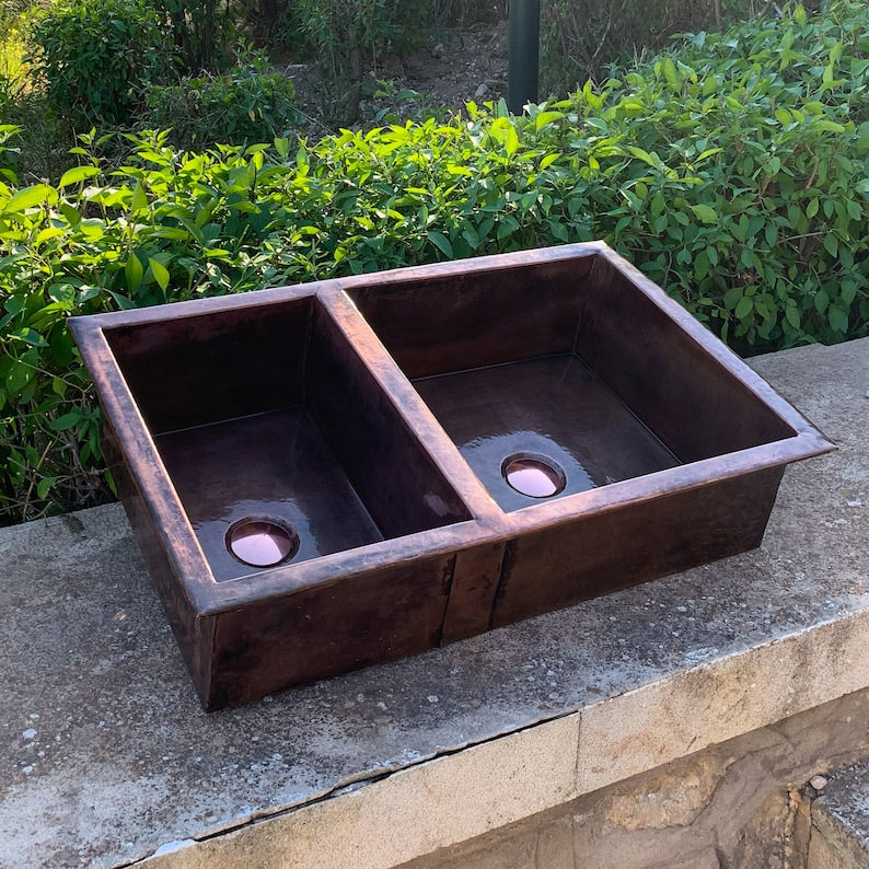 Double-Bowl Dark Antique Copper Farmhouse Sink