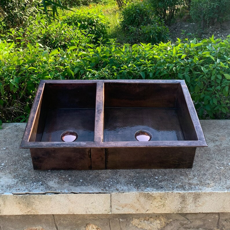 Double-Bowl Dark Antique Copper Farmhouse Sink