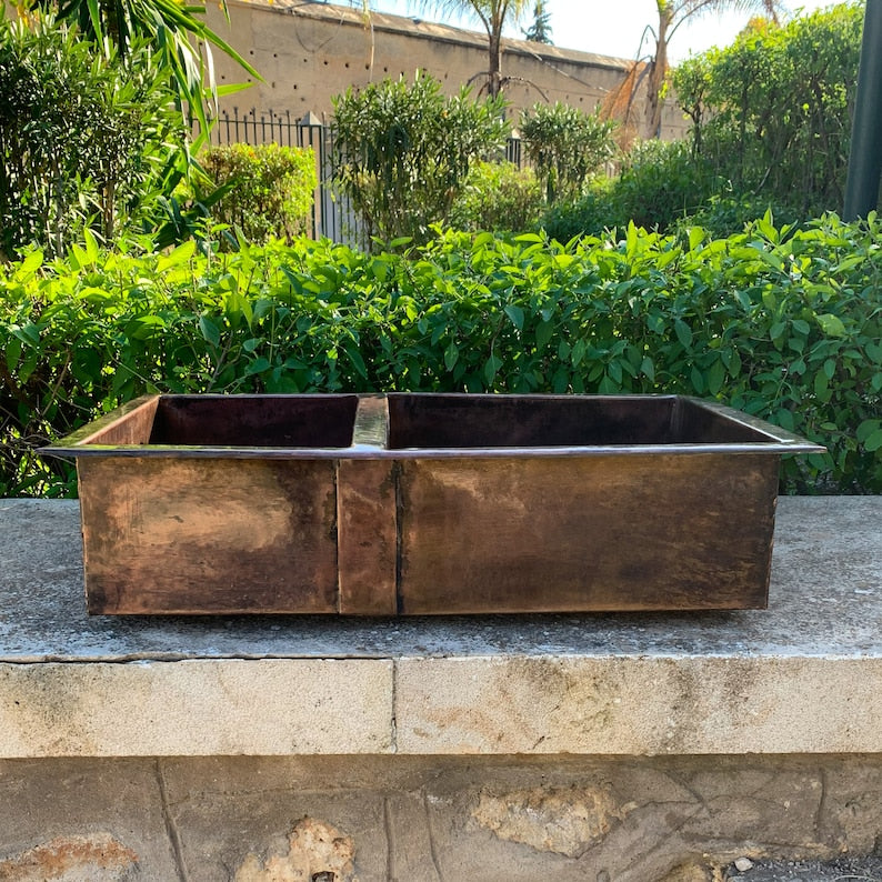 Double-Bowl Dark Antique Copper Farmhouse Sink