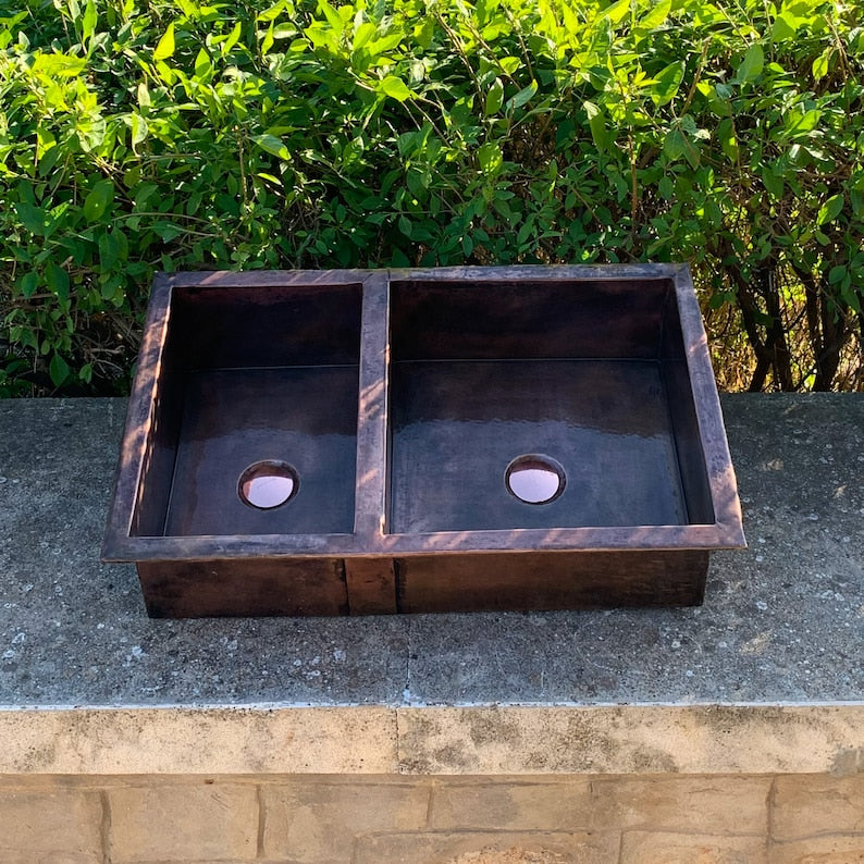 Double-Bowl Dark Antique Copper Farmhouse Sink