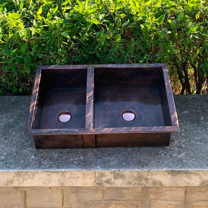 Double-Bowl Dark Antique Copper Farmhouse Sink