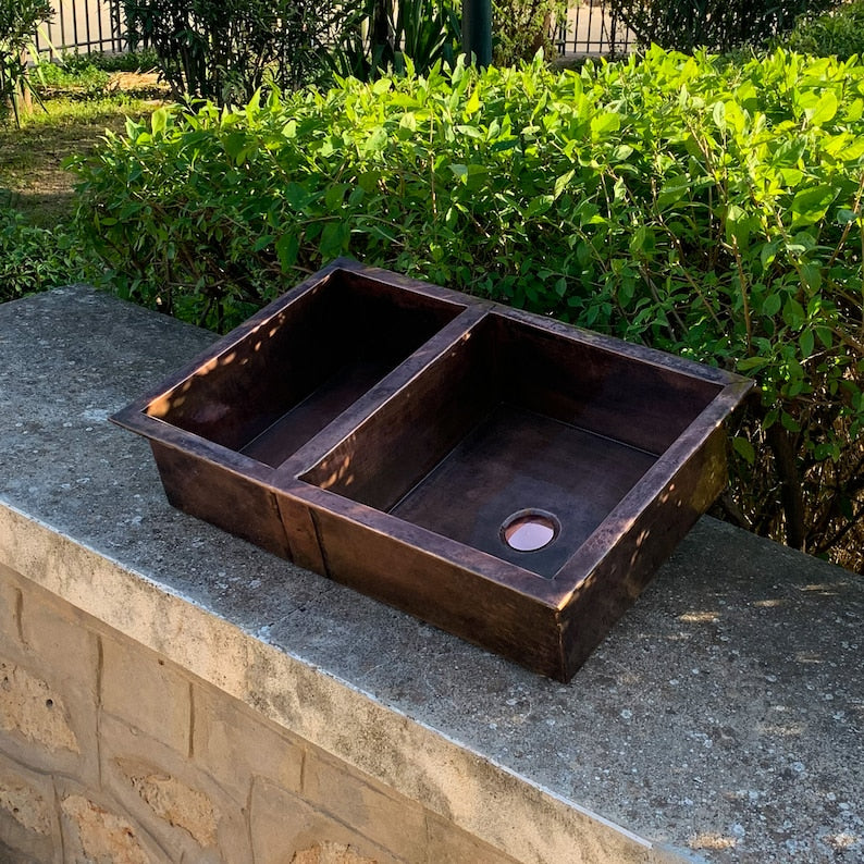 Double-Bowl Dark Antique Copper Farmhouse Sink