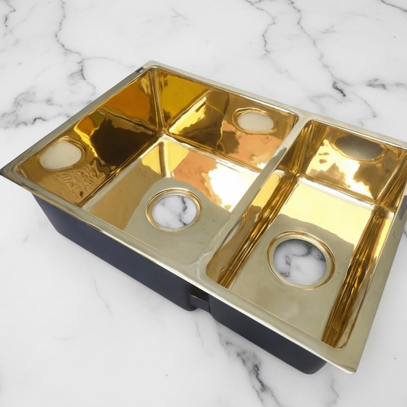 Luxury Polished Gold Double-Basin Undermount Kitchen Sink