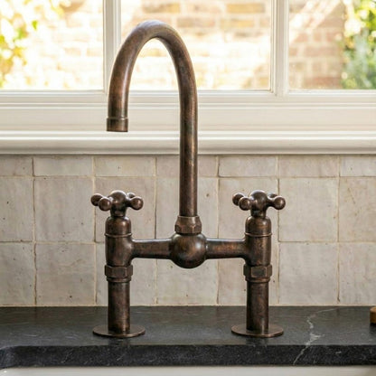 Antique Copper Bridge Kitchen Faucet with Gooseneck Spout