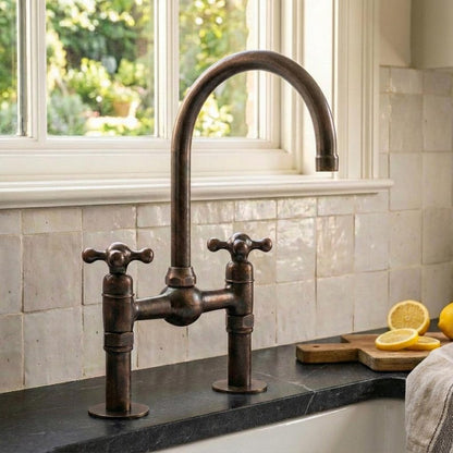 Antique Copper Bridge Kitchen Faucet with Gooseneck Spout