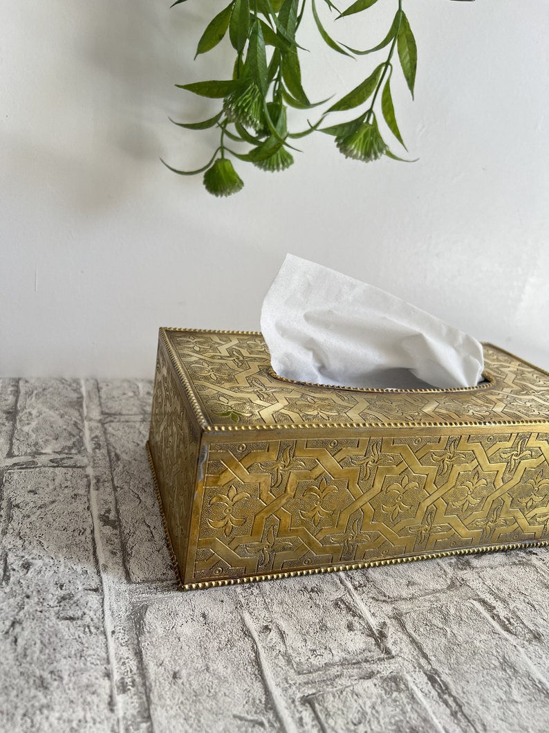 Handmade Brass Tissue Box Cover – Moroccan Engraved Metal Decorative Tissue Holder