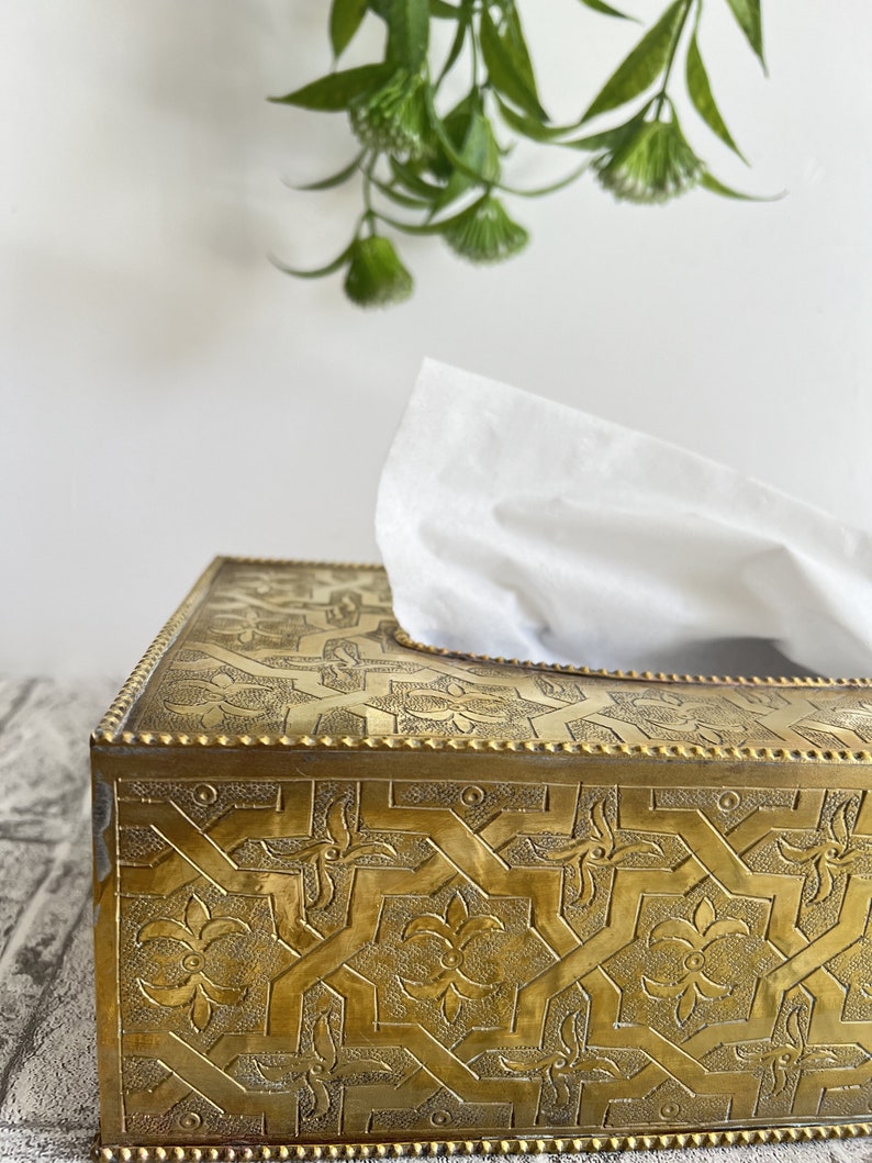 Handmade Brass Tissue Box Cover – Moroccan Engraved Metal Decorative Tissue Holder