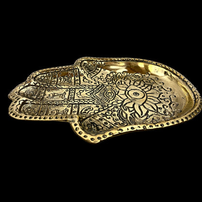 Handmade Brass Hamsa Hand Tray – Engraved Evil Eye Decorative Catchall Dish