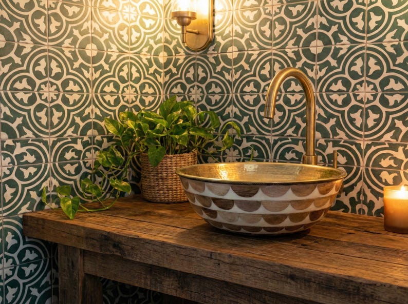 Moroccan Wood & Resin Inlay Vessel Sink with Brass Interior