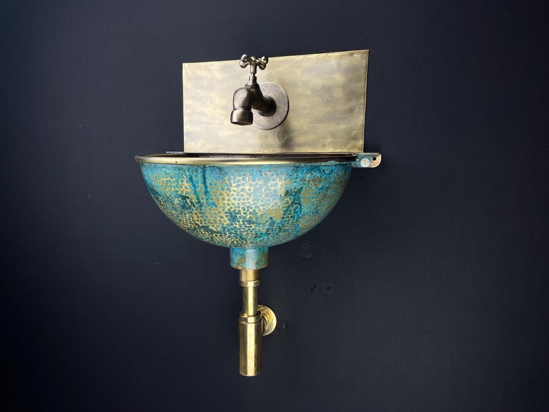 Blue Patina Copper Vessel Sink with Brass Backsplash