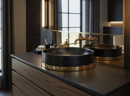 Matte Black Hammered Vessel Sink with Brass Base Ring
