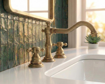 Widespread Unlacquered Brass Bathroom Faucet with Classic Cross Handles