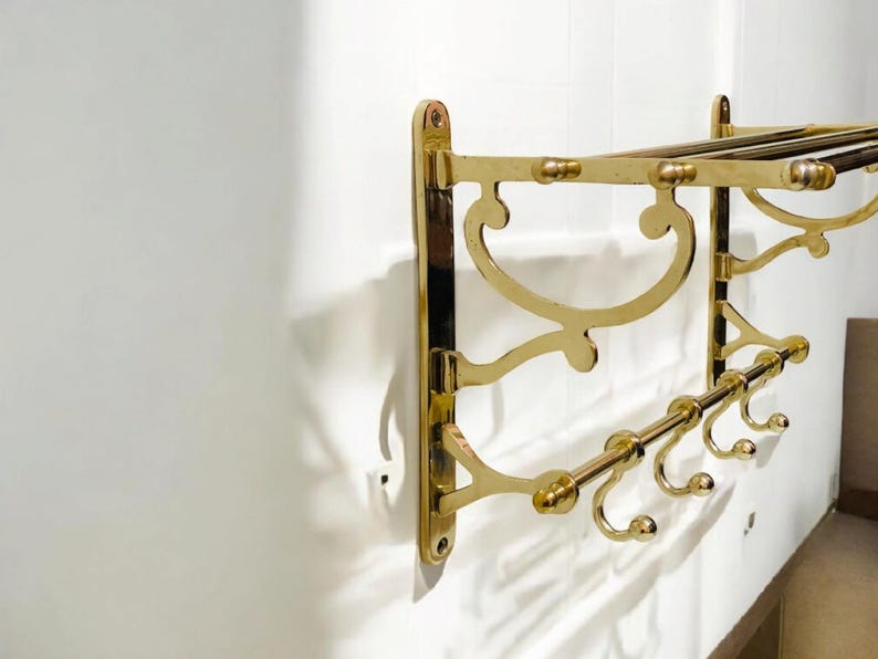 Handmade Solid Brass Wall Shelf with Hooks – Vintage Moroccan Bathroom & Entryway Rack