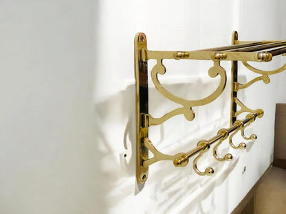 Handmade Solid Brass Wall Shelf with Hooks – Vintage Moroccan Bathroom & Entryway Rack