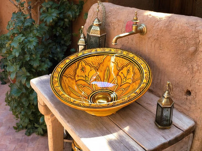 Hand-Painted Moroccan Ceramic Vessel Sink – Yellow Artisan Basin