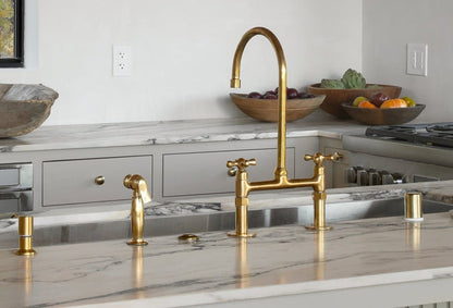 Unlacquered Brass Bridge Kitchen Faucet with Side Sprayer