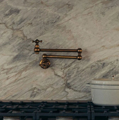 Rustic Wooden Range Hood with Brass Pot Filler