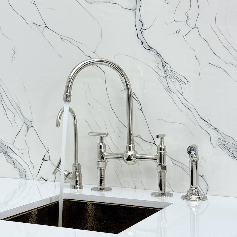 Luxury Polished Nickel Bridge Kitchen Faucet with Side Sprayer