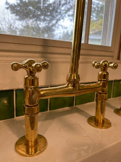 Unlacquered Brass Bridge Kitchen Faucet with Side Sprayer