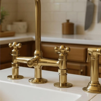 Unlacquered Brass Bridge Kitchen Faucet with Side Sprayer