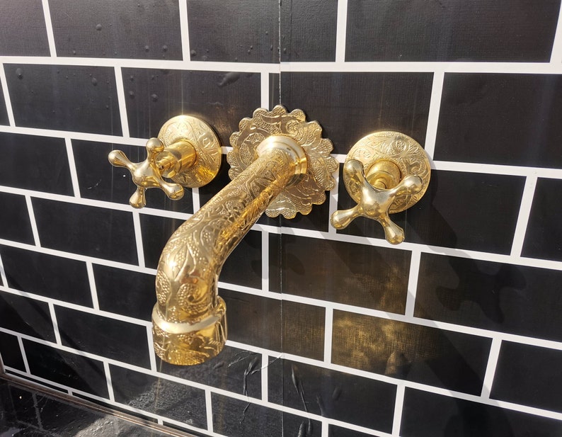 Engraved Brass Wall Mount Faucet