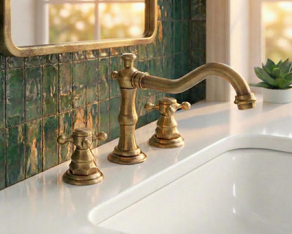 Widespread Unlacquered Brass Bathroom Faucet with Classic Cross Handles