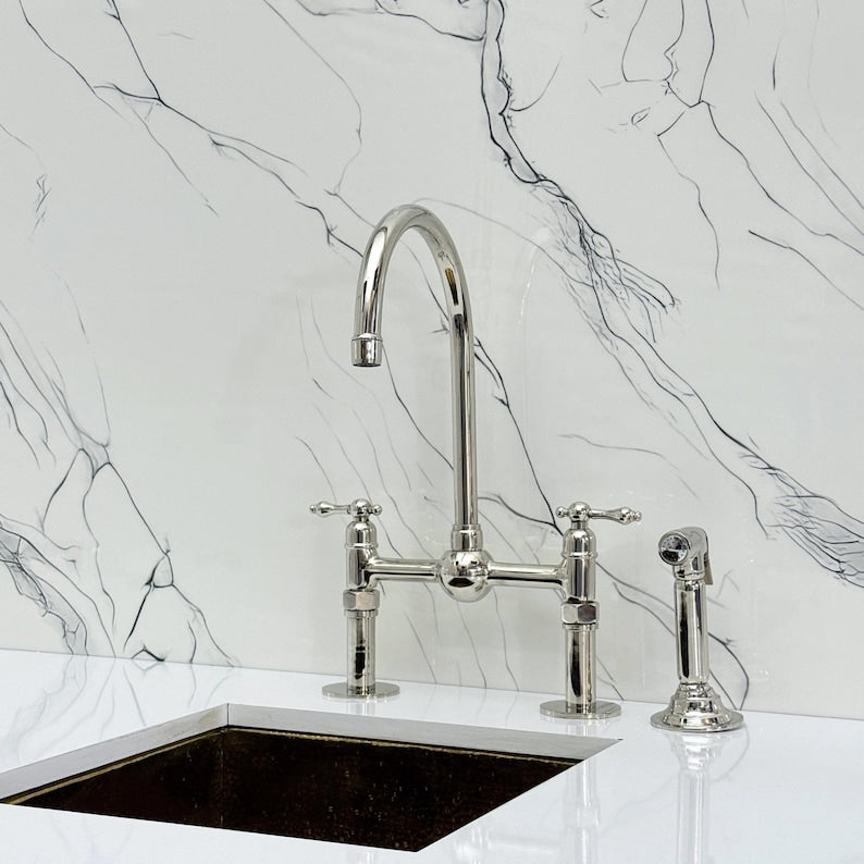Polished Nickel Bridge Kitchen Faucet with Side Sprayer