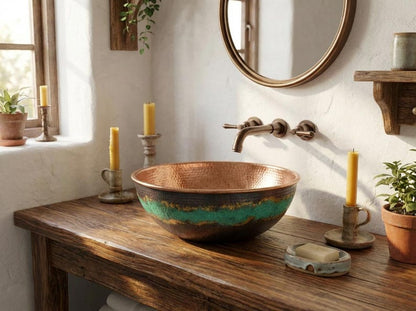 Hammered Copper Vessel Sink with Green Patina Accent