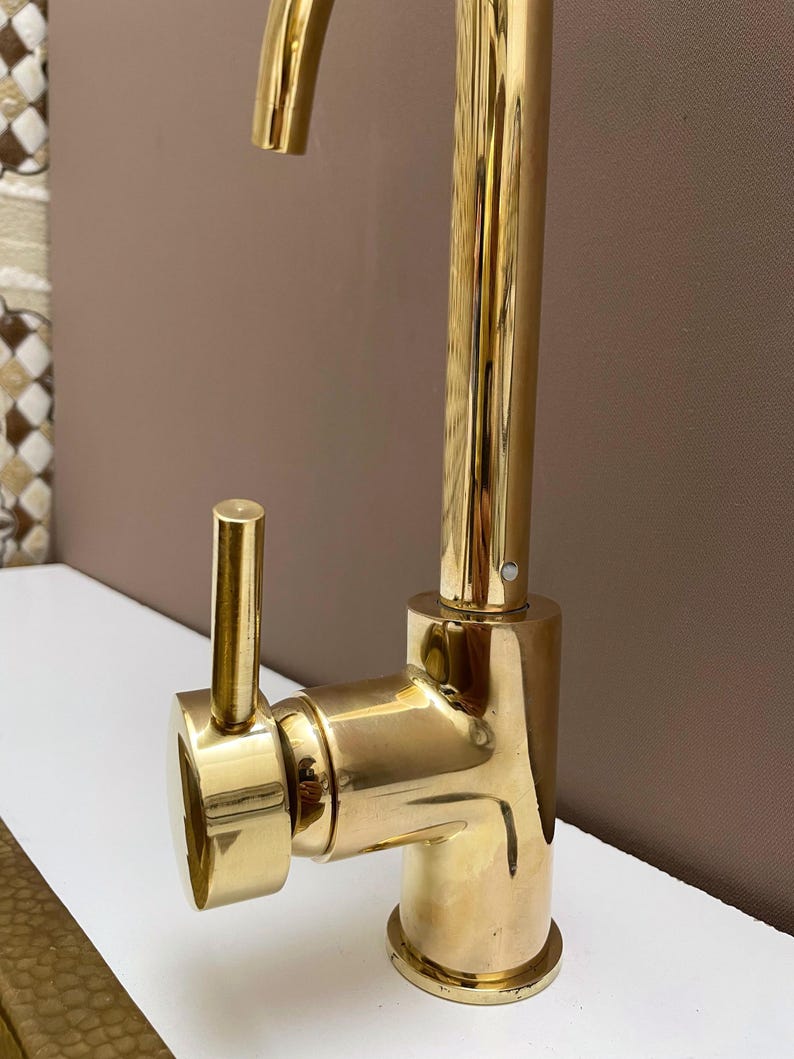 Polished Brass Gooseneck Kitchen Faucet with Lever Handle