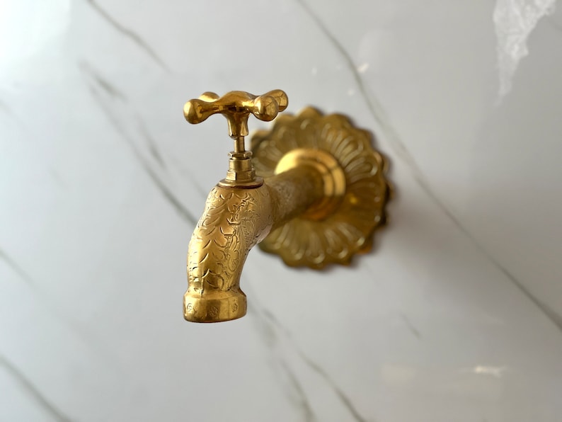 Vintage Engraved Brass Wall Bib Tap