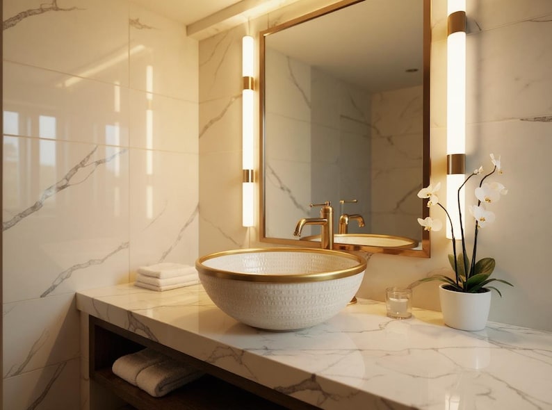 Handcrafted Textured Vessel Sink with Brass Rim