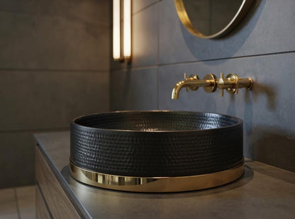 Matte Black Hammered Vessel Sink with Brass Base Ring