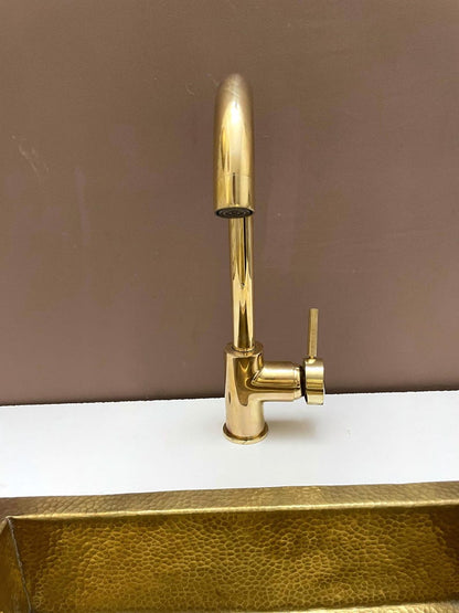 Polished Brass Gooseneck Kitchen Faucet with Lever Handle