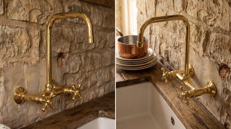 Unlacquered Brass Wall Mount Kitchen Faucet