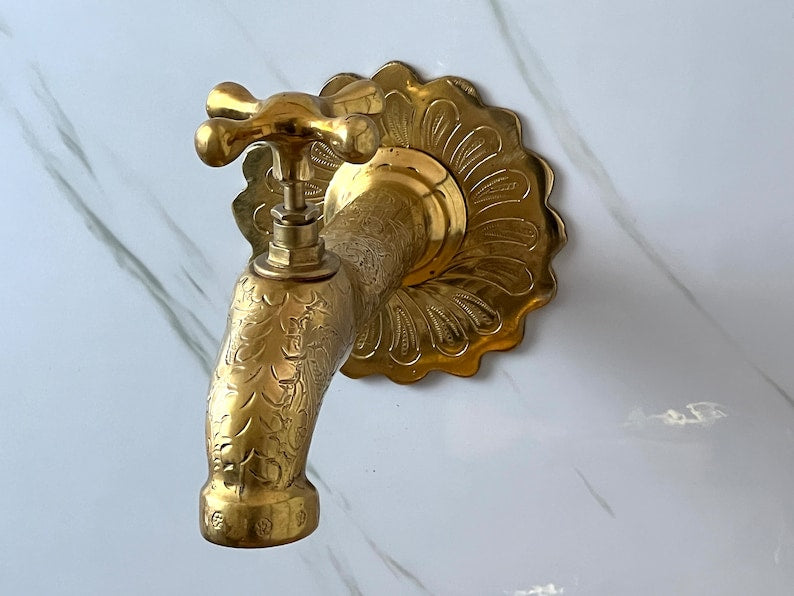 Vintage Engraved Brass Wall Bib Tap