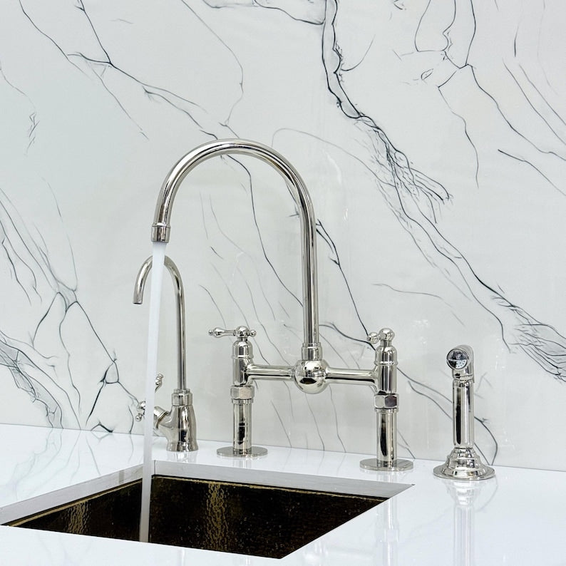Polished Nickel Bridge Kitchen Faucet with Side Sprayer