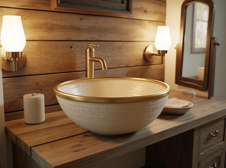 Handcrafted Textured Vessel Sink with Brass Rim