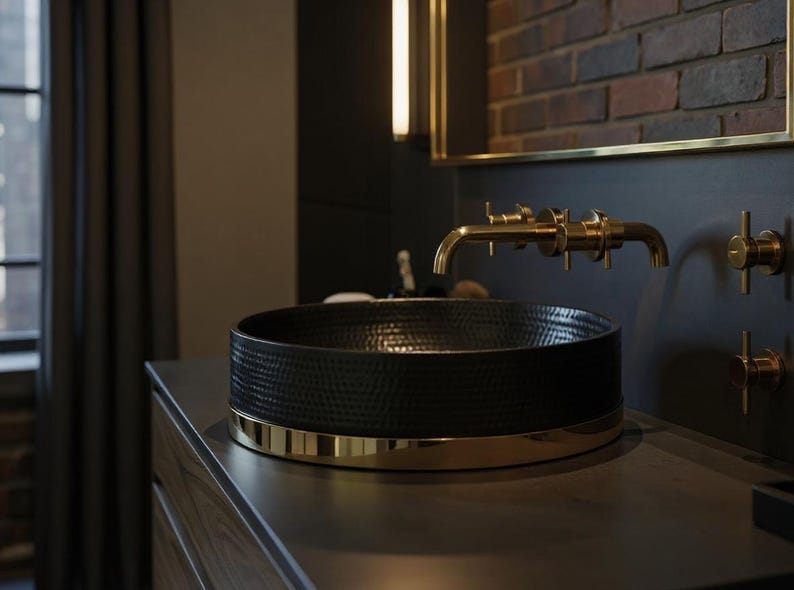Matte Black Hammered Vessel Sink with Brass Base Ring