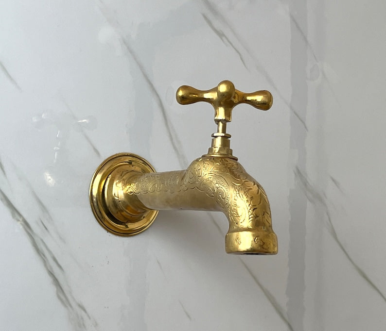 Vintage Engraved Brass Wall Bib Tap
