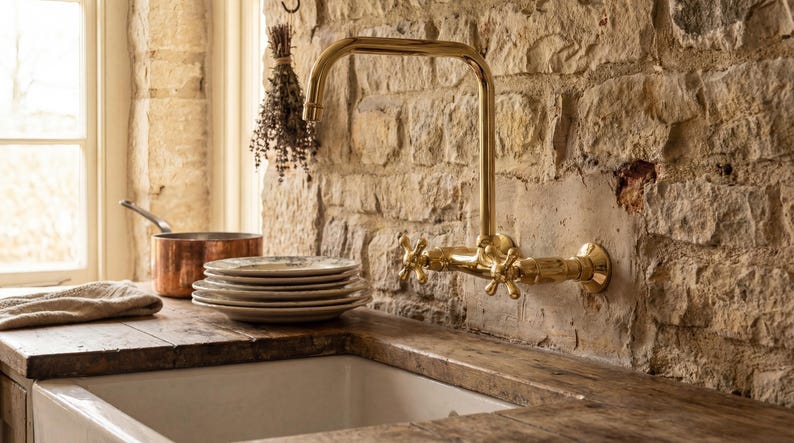 Unlacquered Brass Wall Mount Kitchen Faucet